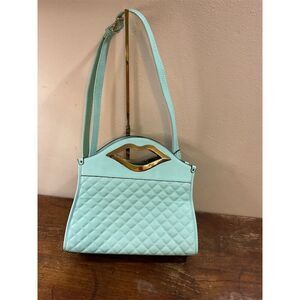 Light Blue Quilted Shoulder Bag with Gold Lip Handle Medium Size​​
